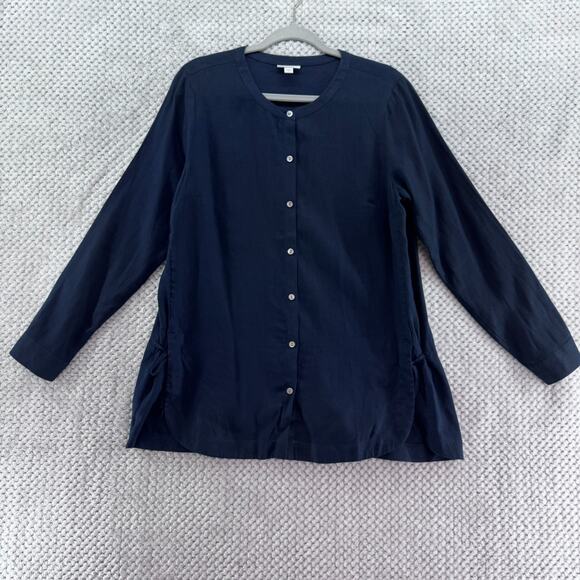 J Jill Love Linen Top Womens S Blue Crew Neck Button Front Long Sleeve Lagenlook - Picture 1 of 14